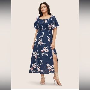 NEW Floral Square Neck Ruffles Pocket Shirred Split Dress‎ Sz 12